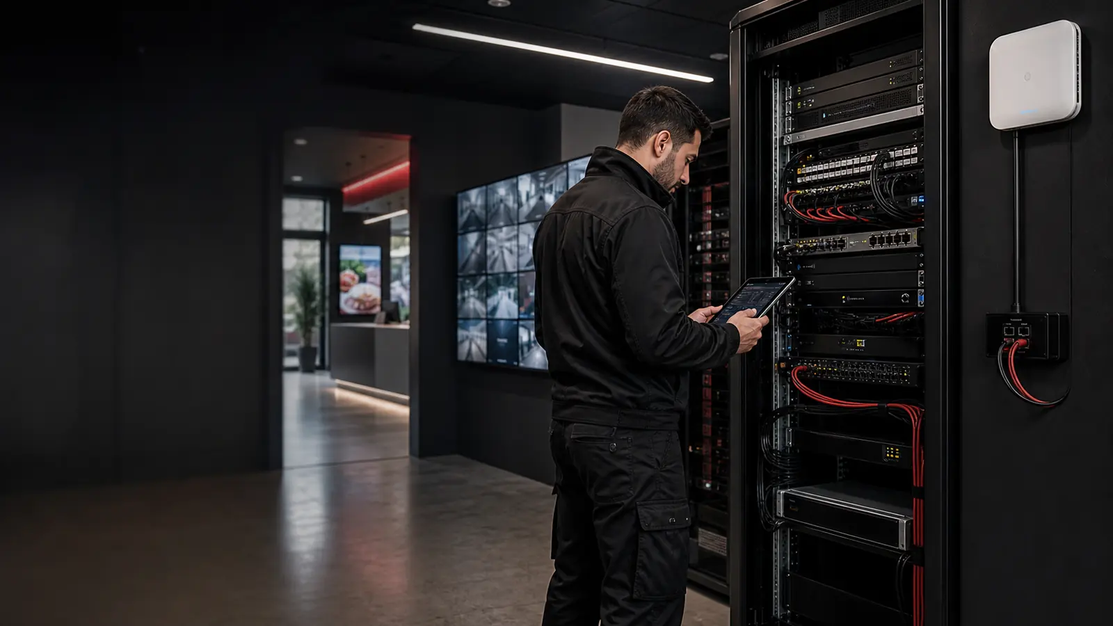 Willdor technician inspecting an organized low-voltage network rack