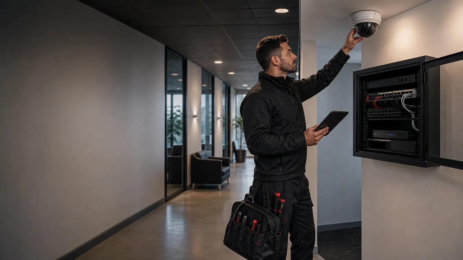 Technician reviewing support and maintenance for low-voltage systems