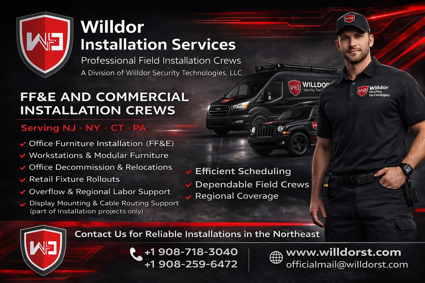 Willdor Installation Services advertising for FF&E and commercial crews